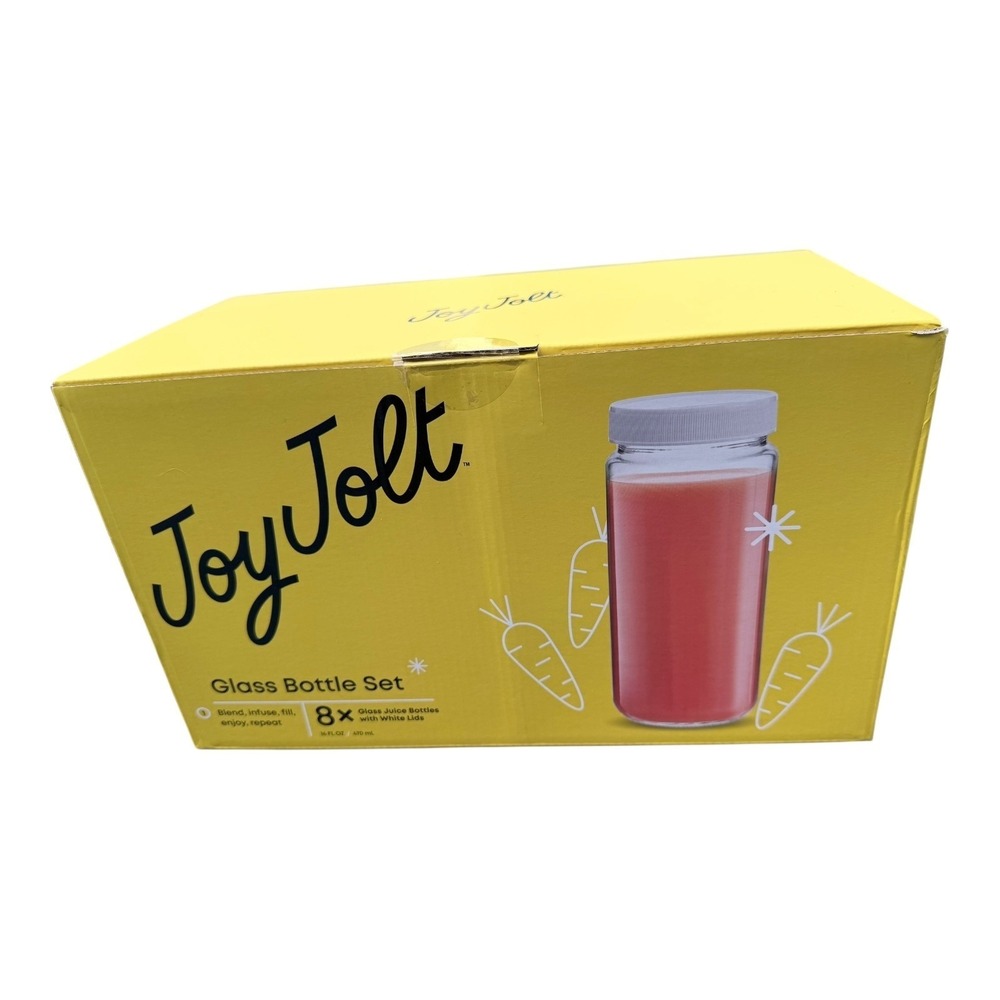 JoyJolt Glass Bottle Set 8pc 16oz Reusable Juice Bottles White Lids Clear NIB